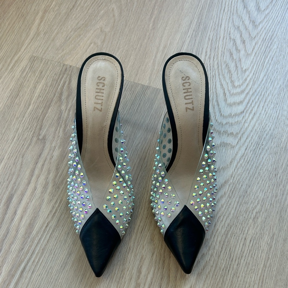 Schutz Greece Black Clear Vamp Rhinestones Stiletto Heel Mule Pumps 9.5 - Picture 6 of 12